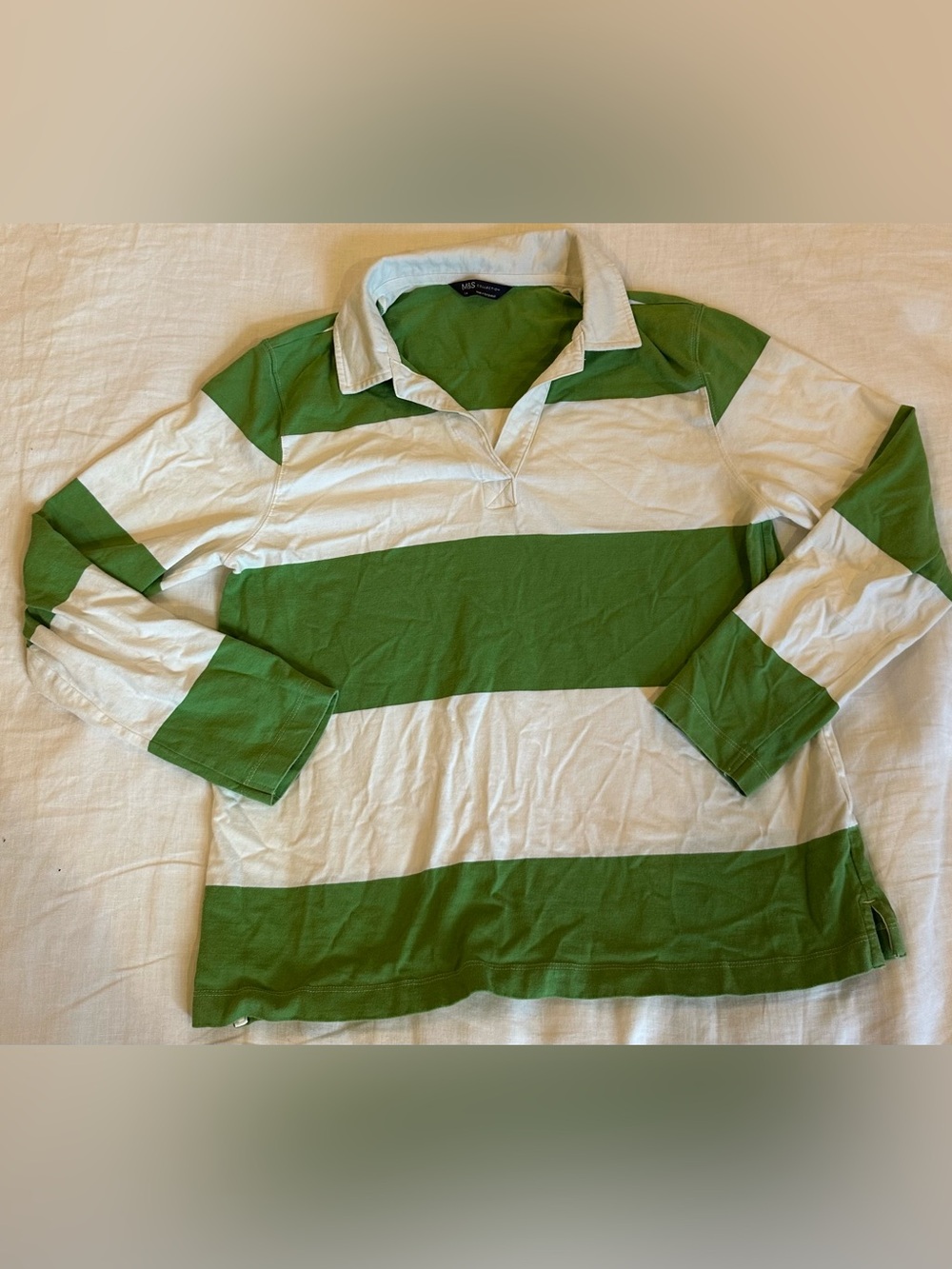 M&S Collection Green White Striped Rugby Shirt Long Sleeve Medium